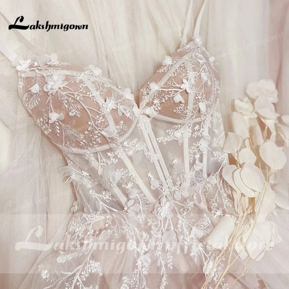 Lakshmigown Boho Wedding Dress Lace Applqiues Floral Beading Backless Spaghetti Straps Bridal Gowns estido de noiva praiano