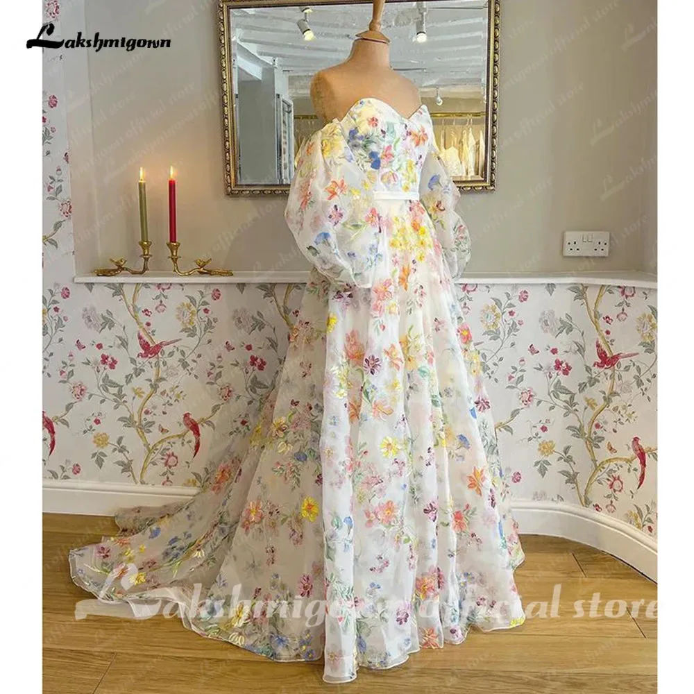 Lakshmigown Print Flower Wedding Dress with Detachable Puff Sleeve Sweetheart Off the Shoulder Boho Bridal Gowns estido de noiva
