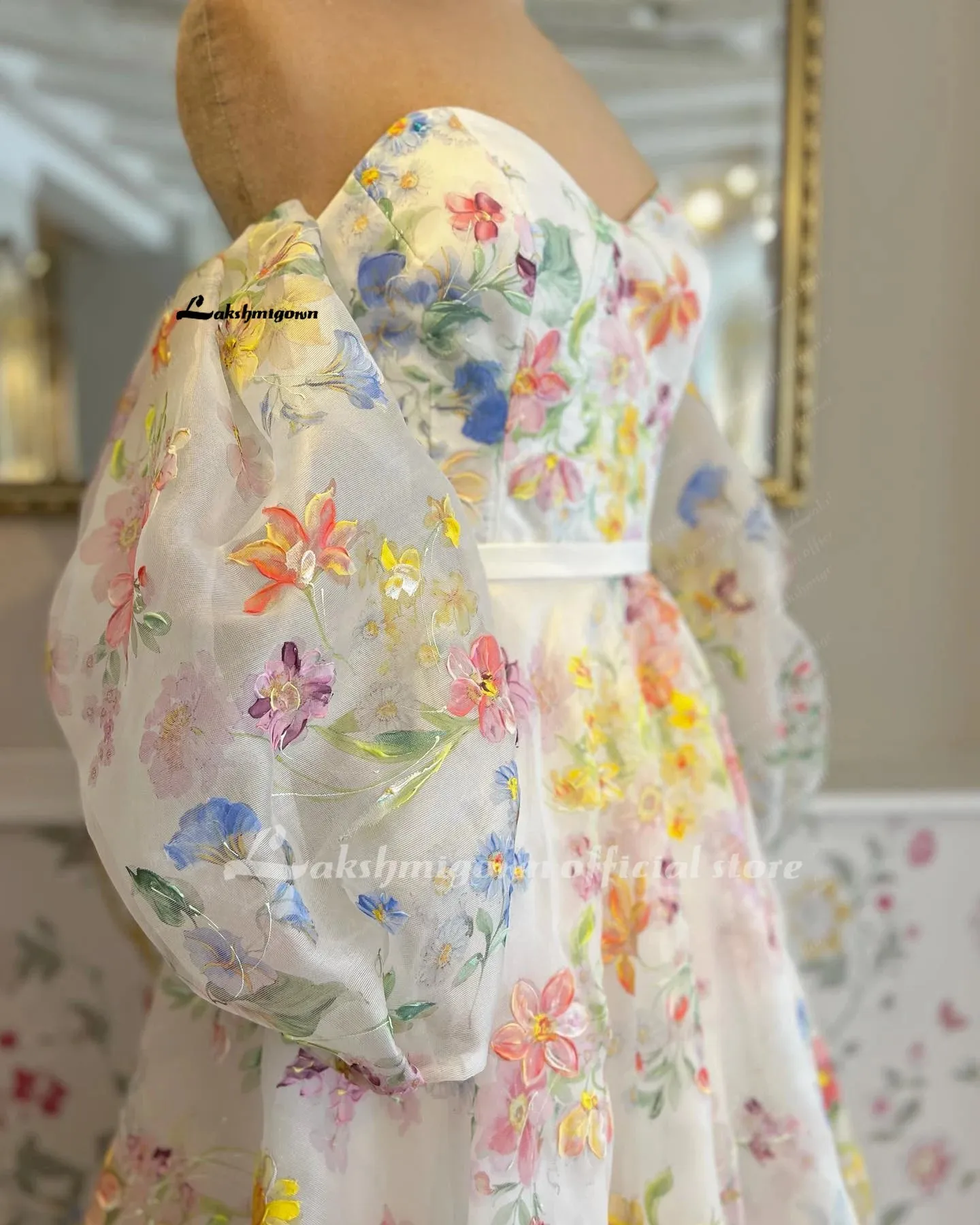 Lakshmigown Print Flower Wedding Dress with Detachable Puff Sleeve Sweetheart Off the Shoulder Boho Bridal Gowns estido de noiva