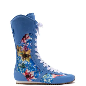 Larroude x Jonathan Cohen Flat Lo Sneaker Boot In Dodger Blue and Gardenias Colored Satin