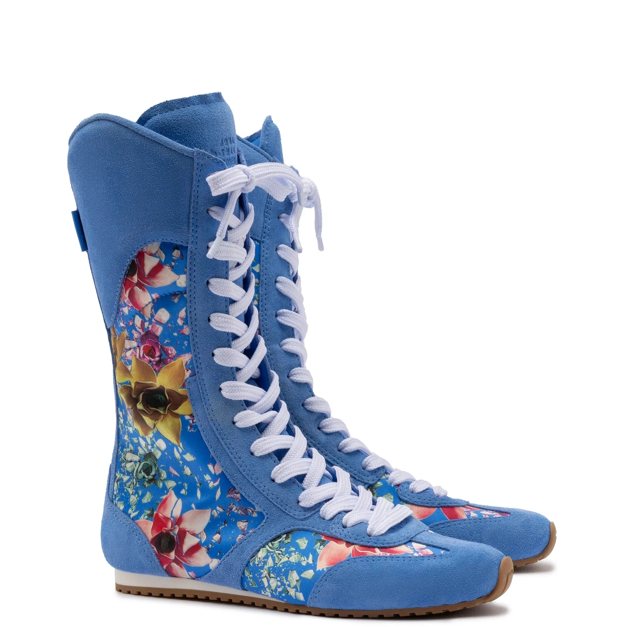 Larroude x Jonathan Cohen Flat Lo Sneaker Boot In Dodger Blue and Gardenias Colored Satin