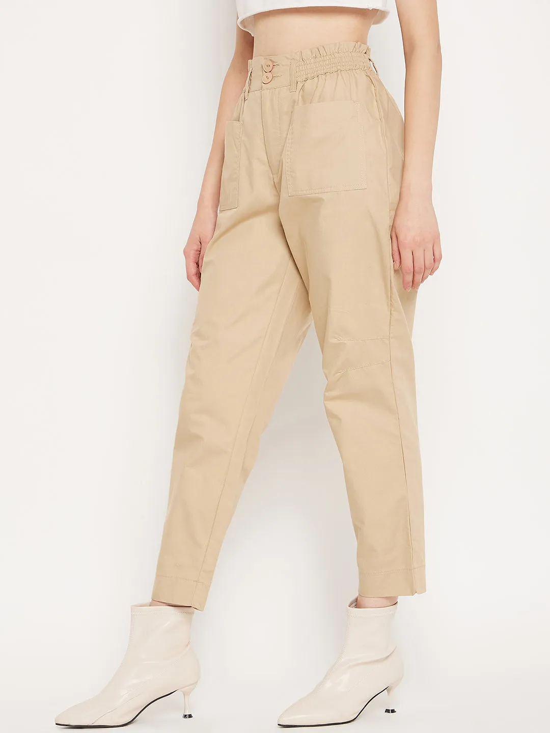 Madame Beige Ankle Length  Cotton Trousers