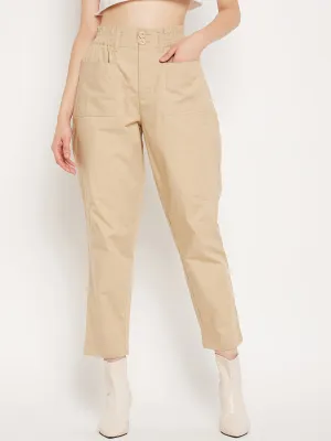 Madame Beige Ankle Length  Cotton Trousers