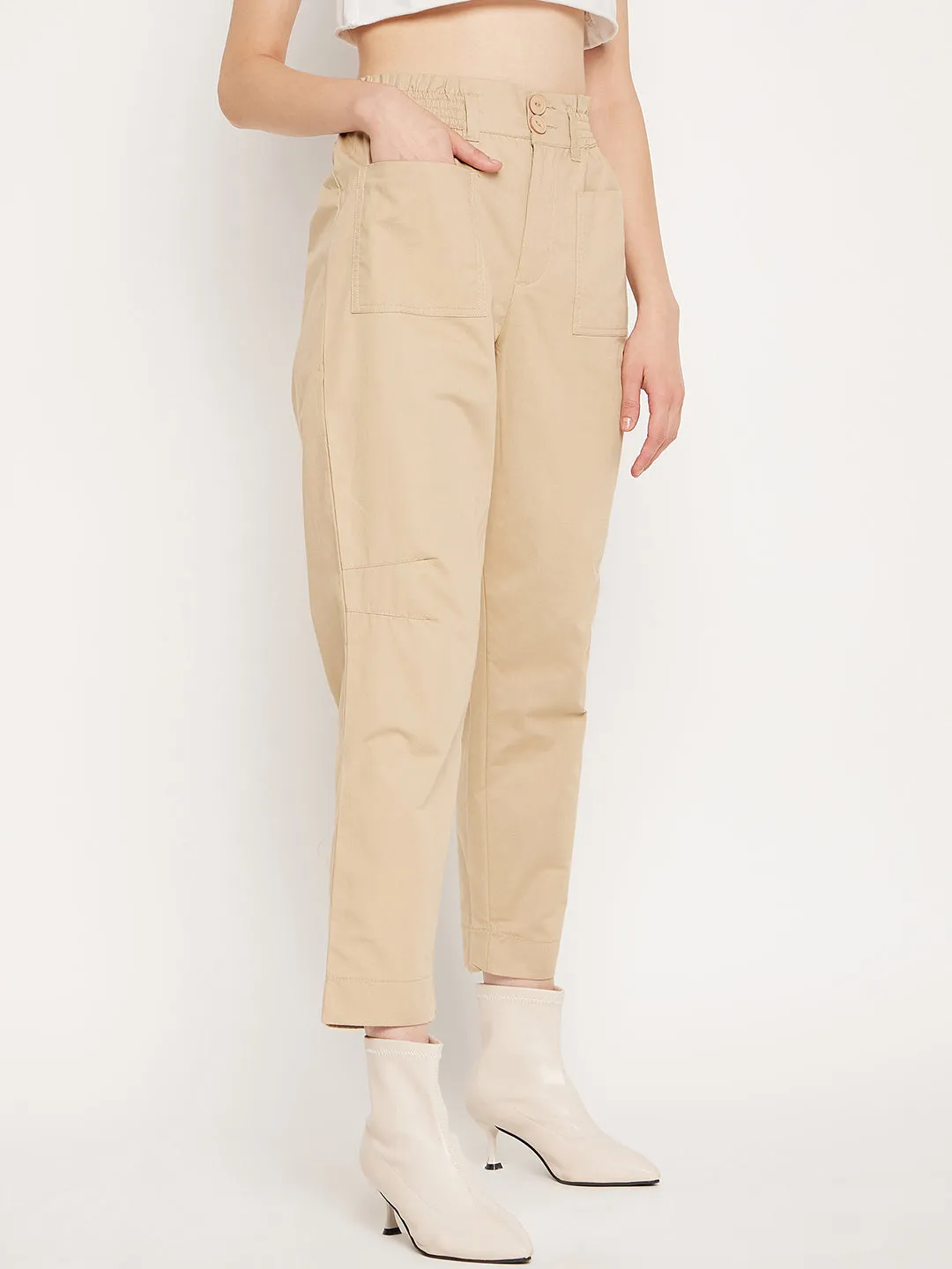 Madame Beige Ankle Length  Cotton Trousers