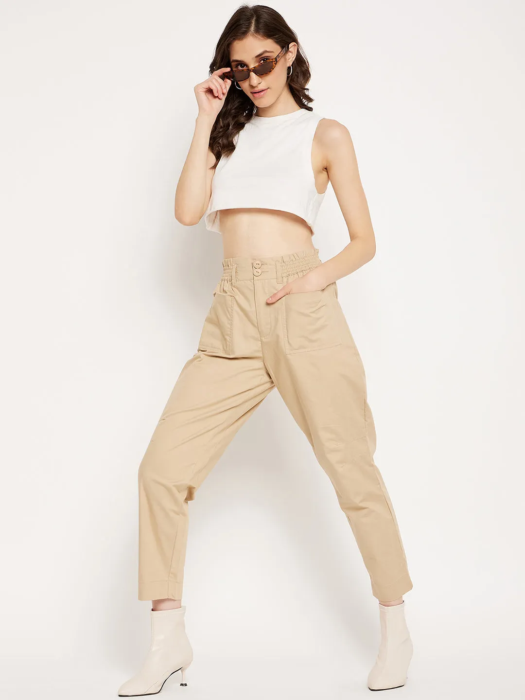 Madame Beige Ankle Length  Cotton Trousers