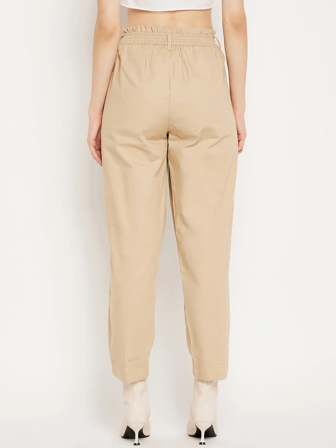 Madame Beige Ankle Length  Cotton Trousers