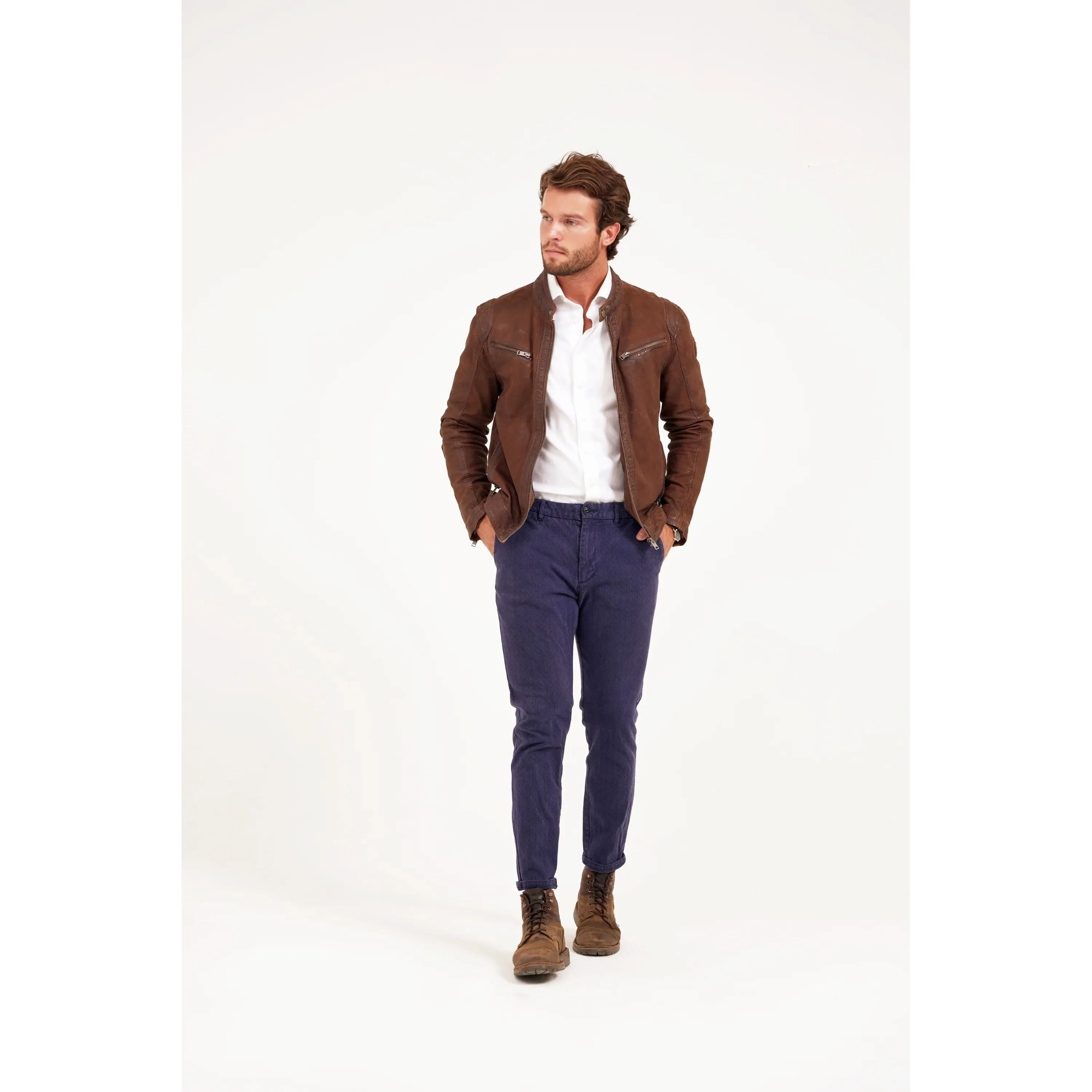 Mauritius Men's Nubuck Racer Leather Jacket, Dark Cognac Real Leather