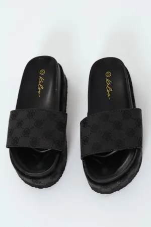Monogram Printed Canvas Flatform Slide - Black
