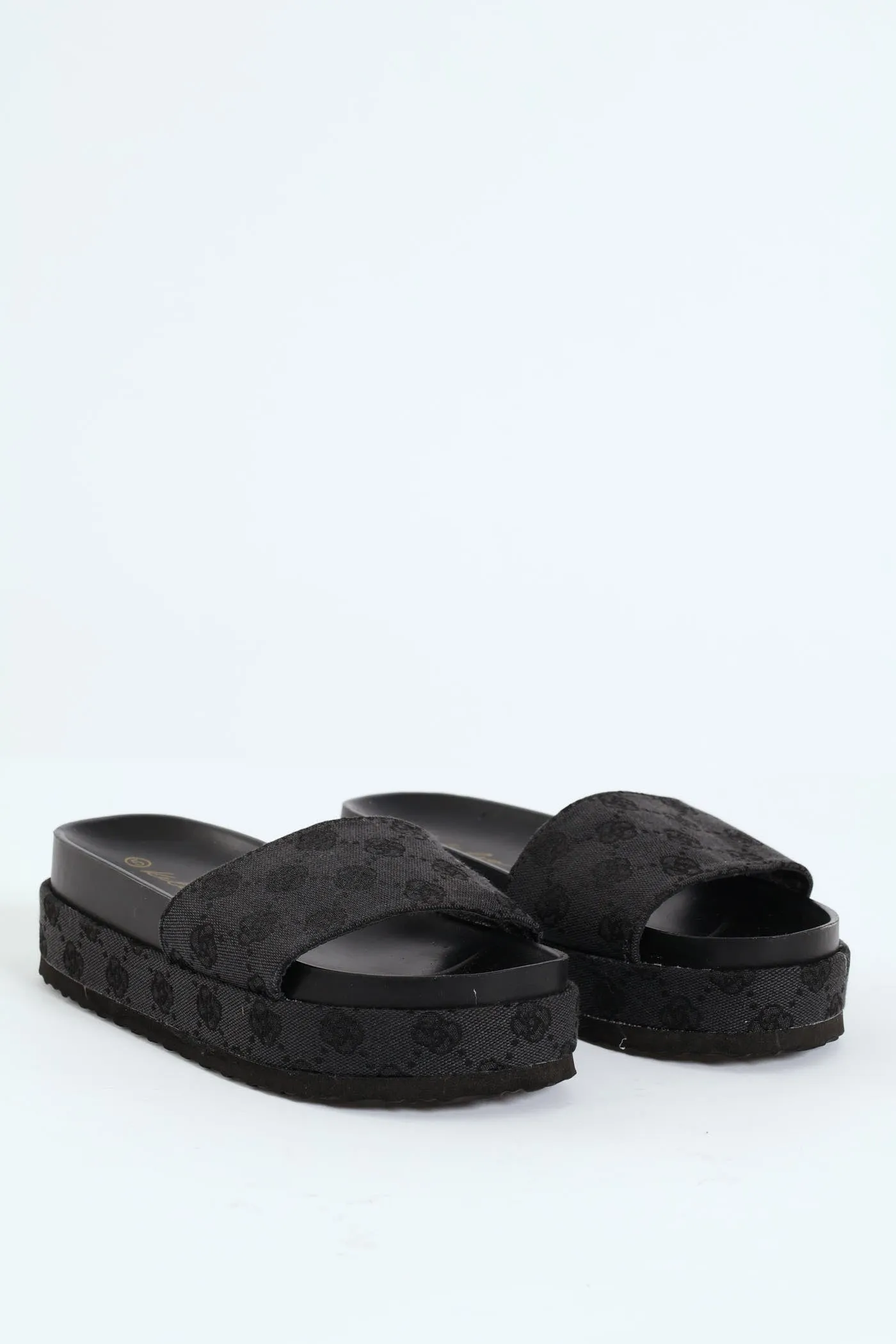 Monogram Printed Canvas Flatform Slide - Black