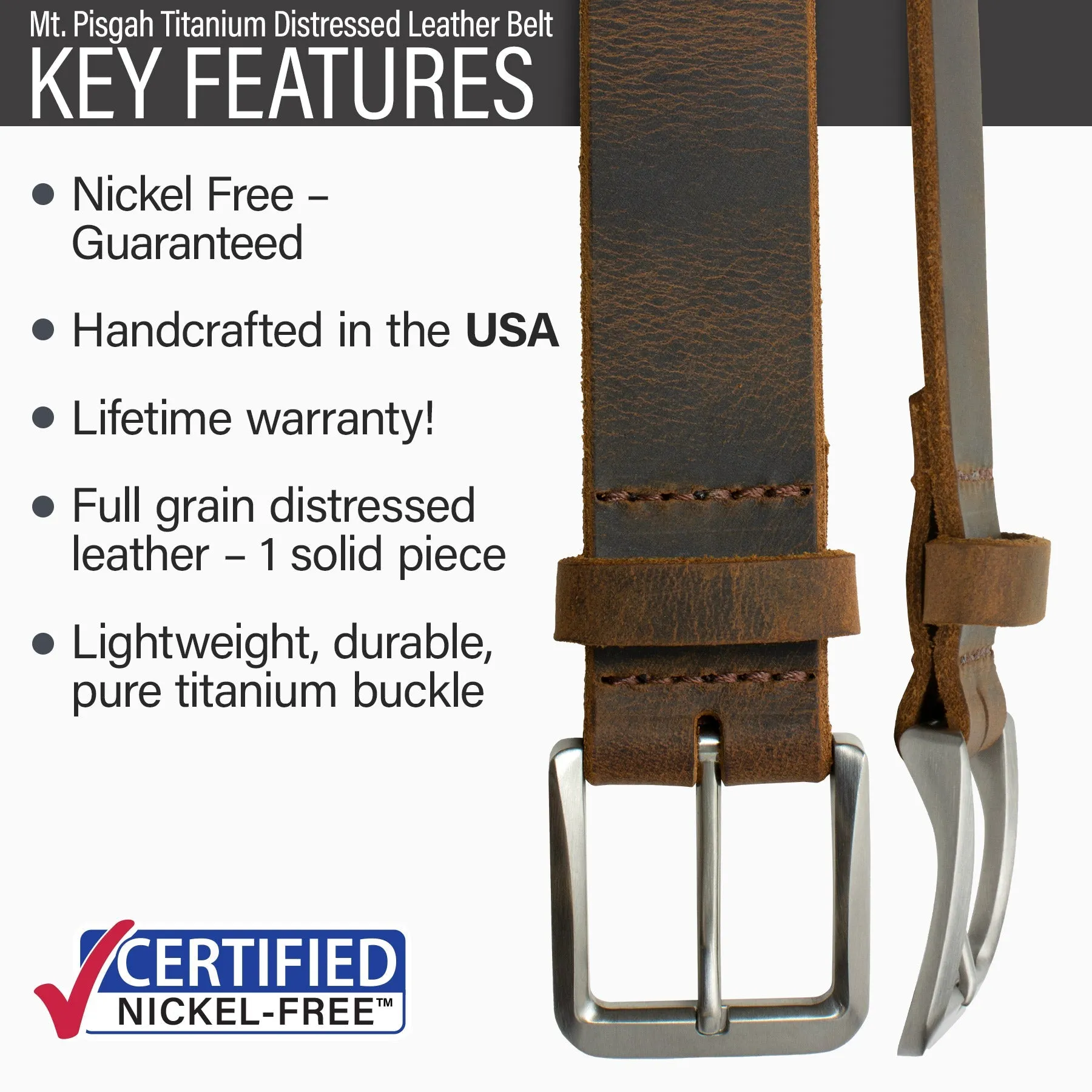 Mt. Pisgah Titanium Distressed Leather Belt by Nickel Smart®