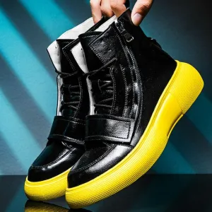 New Fashion Black White Yellow High-Tops Sneakers Men Genuine Leather Ankle Boots Side Zipper Man Schoes With Fur Heren Schoenen