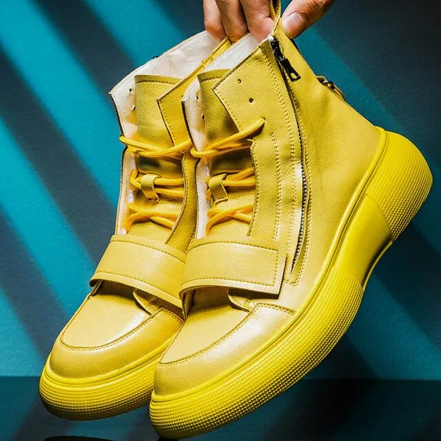 New Fashion Black White Yellow High-Tops Sneakers Men Genuine Leather Ankle Boots Side Zipper Man Schoes With Fur Heren Schoenen