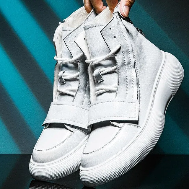 New Fashion Black White Yellow High-Tops Sneakers Men Genuine Leather Ankle Boots Side Zipper Man Schoes With Fur Heren Schoenen