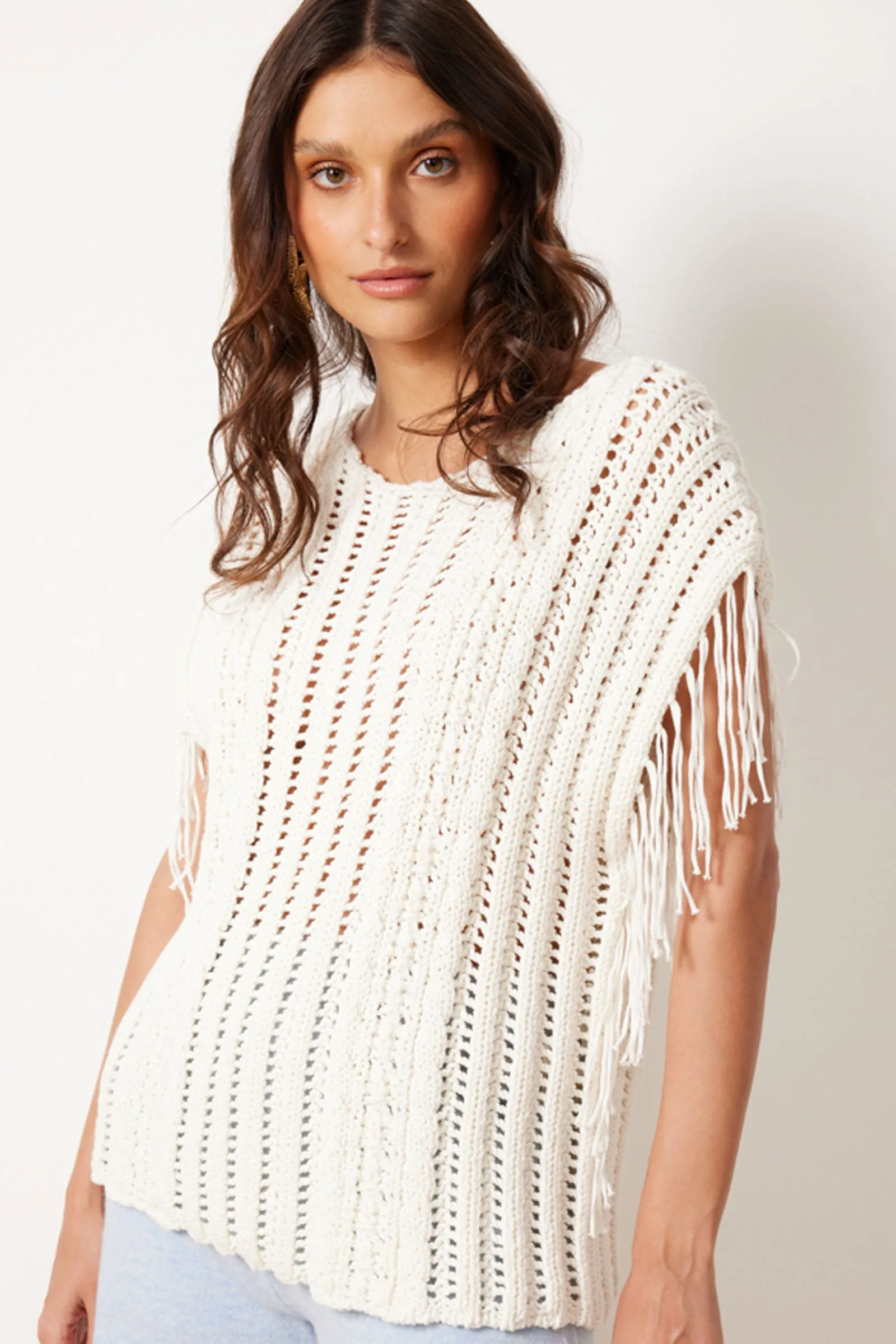 NotShy Cotton Fringe Knit Vest in Ecru