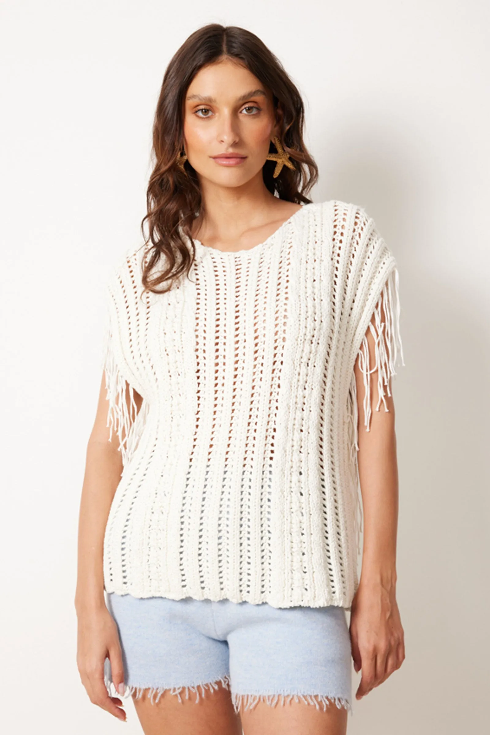 NotShy Cotton Fringe Knit Vest in Ecru
