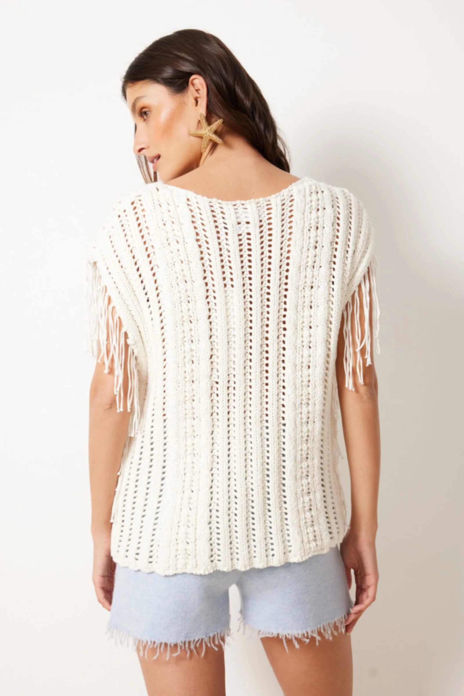NotShy Cotton Fringe Knit Vest in Ecru