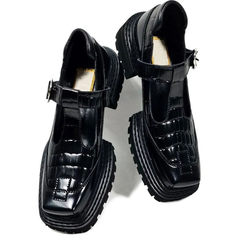 Office Lady Square Toe T-Tied Black Mary Jane Shoes