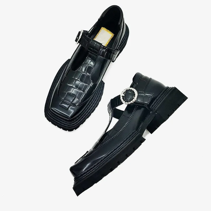 Office Lady Square Toe T-Tied Black Mary Jane Shoes