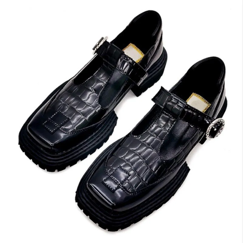 Office Lady Square Toe T-Tied Black Mary Jane Shoes