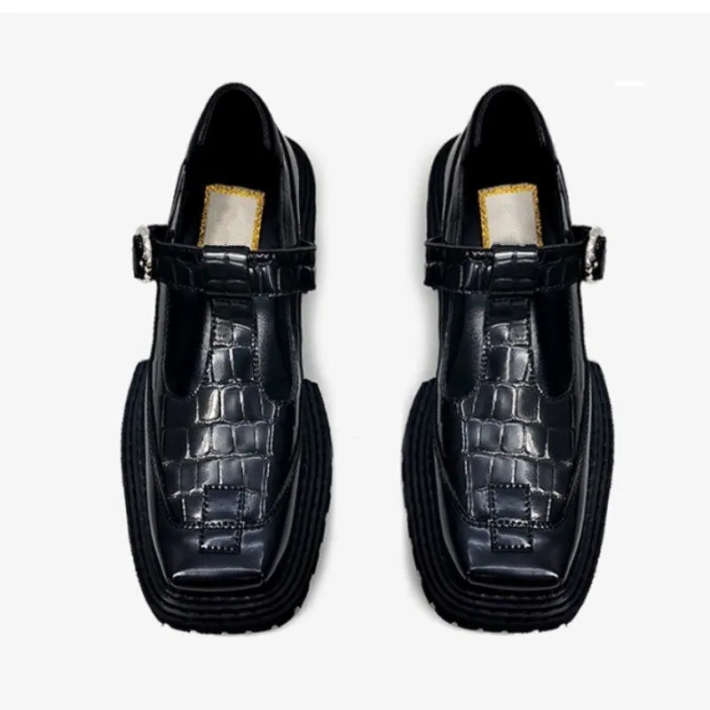 Office Lady Square Toe T-Tied Black Mary Jane Shoes