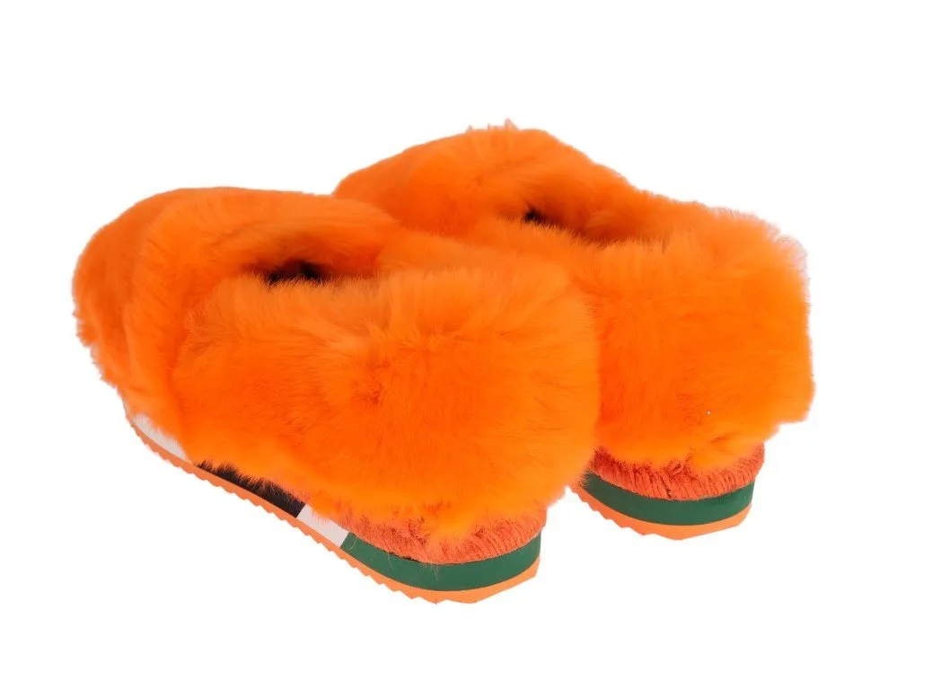Orange Rabbit Fur Espadrilles Loafers
