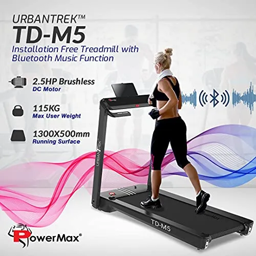 PowerMax Fitness TD-M5 2.5HP (5HP Peak) Pre-installed Motorized Steel Treadmill, Home Use & Automatic Lubrication (Black)