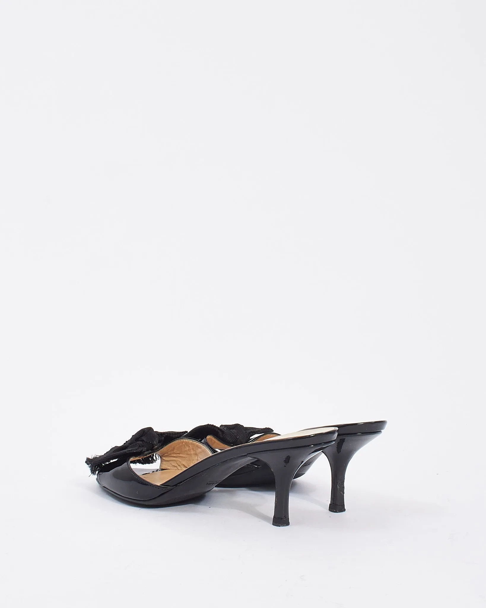 Prada Black Patent Leather Bow Kitten Heel Mule Pumps - 38.5