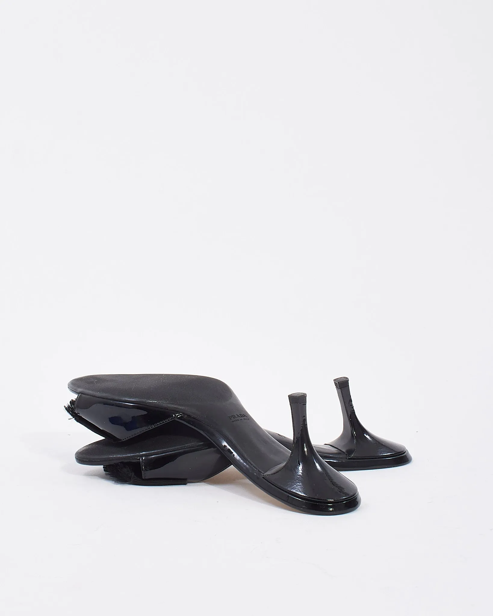 Prada Black Patent Leather Bow Kitten Heel Mule Pumps - 38.5