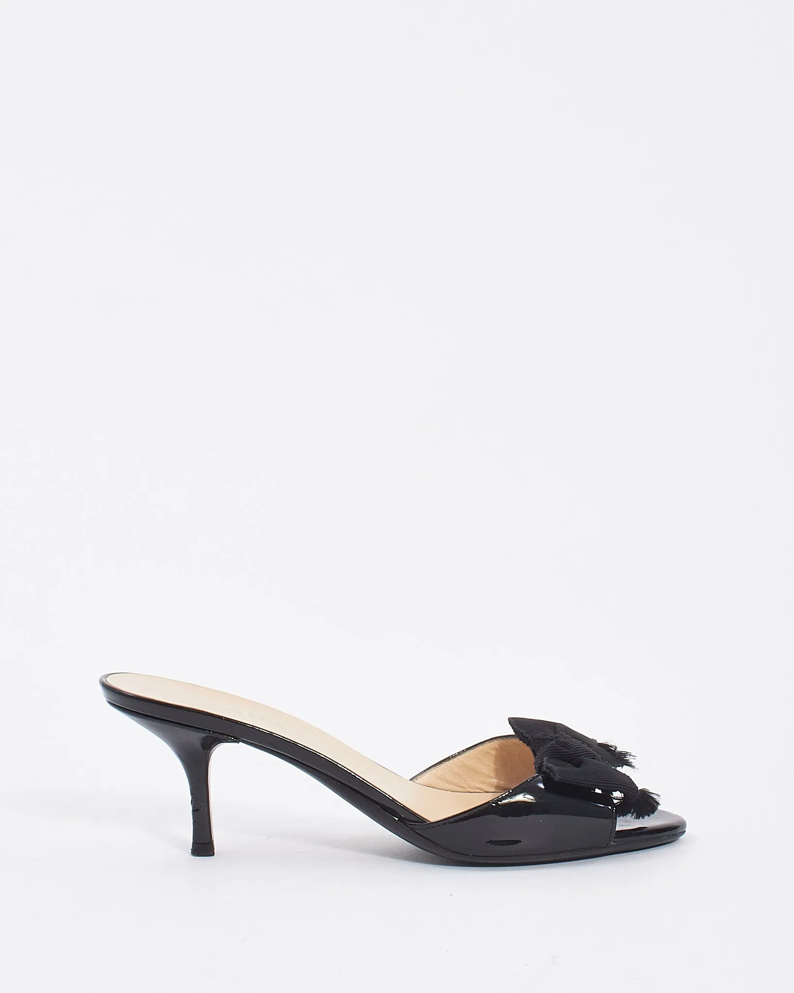 Prada Black Patent Leather Bow Kitten Heel Mule Pumps - 38.5