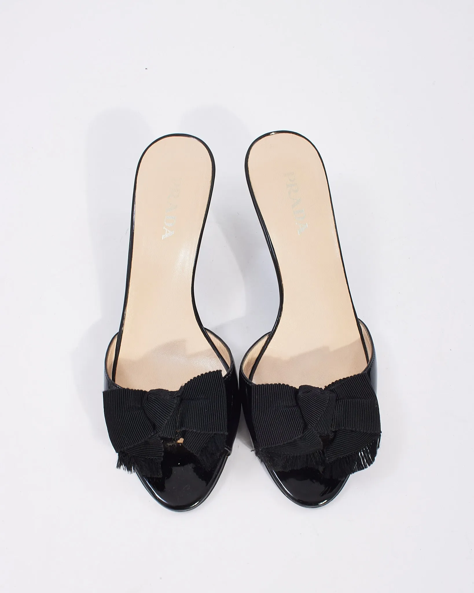 Prada Black Patent Leather Bow Kitten Heel Mule Pumps - 38.5