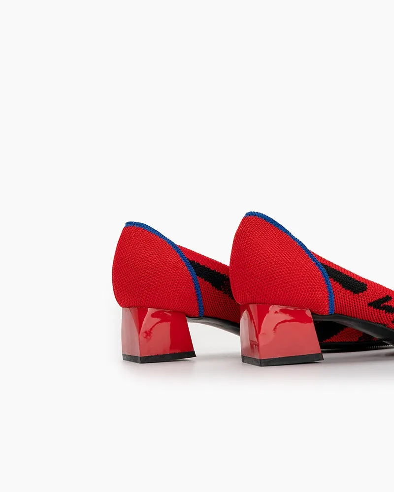 Red & Black Pattern Pointed-Toe Chunky Heels