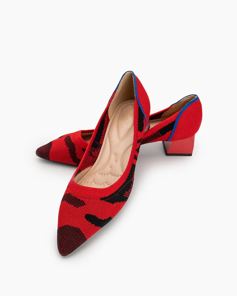 Red & Black Pattern Pointed-Toe Chunky Heels