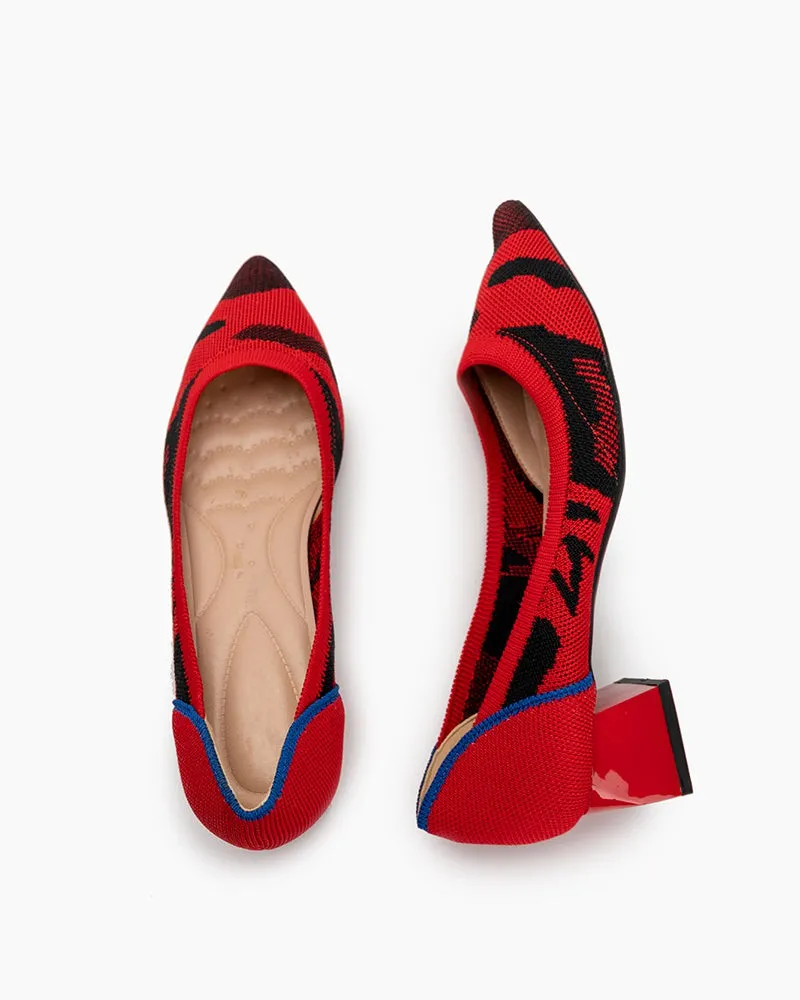 Red & Black Pattern Pointed-Toe Chunky Heels