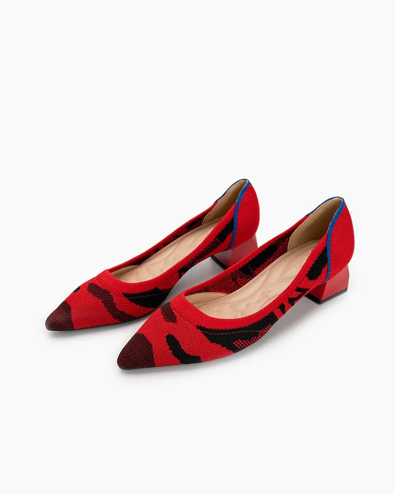 Red & Black Pattern Pointed-Toe Chunky Heels