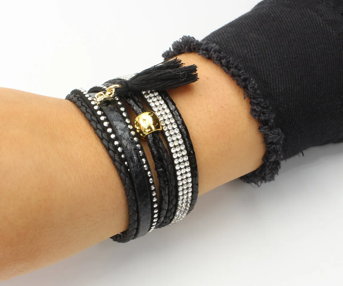 Rhinestone Tassel Black Leather Bracelet