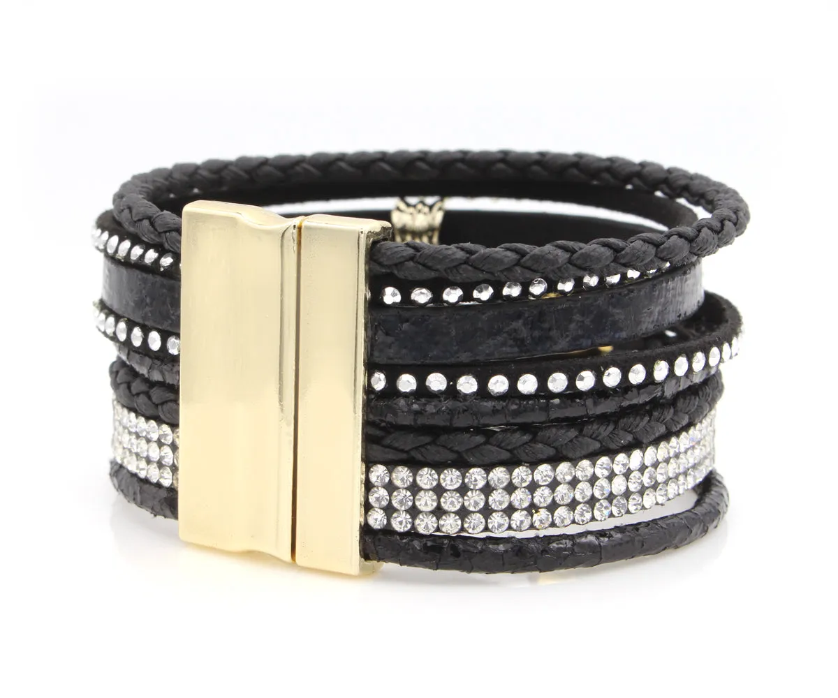 Rhinestone Tassel Black Leather Bracelet