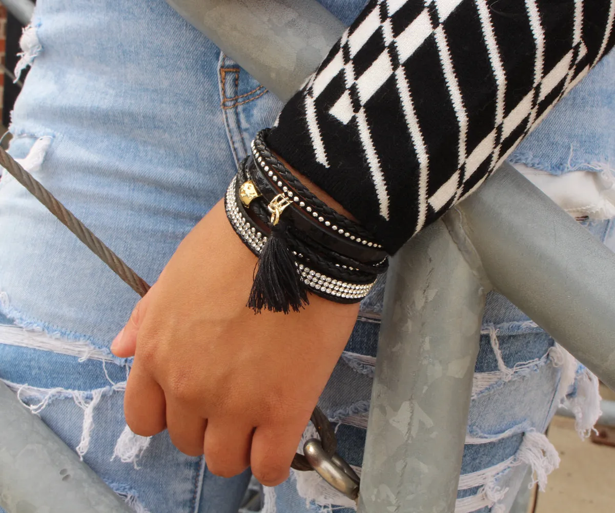 Rhinestone Tassel Black Leather Bracelet