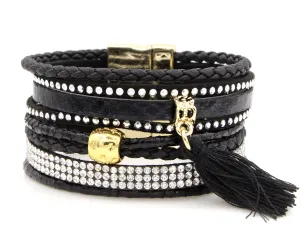 Rhinestone Tassel Black Leather Bracelet