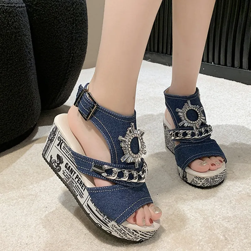 Sandals Women Newspaper Wedges Heeled Slippers