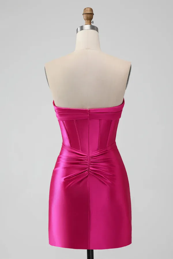 Satin Fuchsia Strapless Bodycon Homecoming Dress With Hollow APH0286
