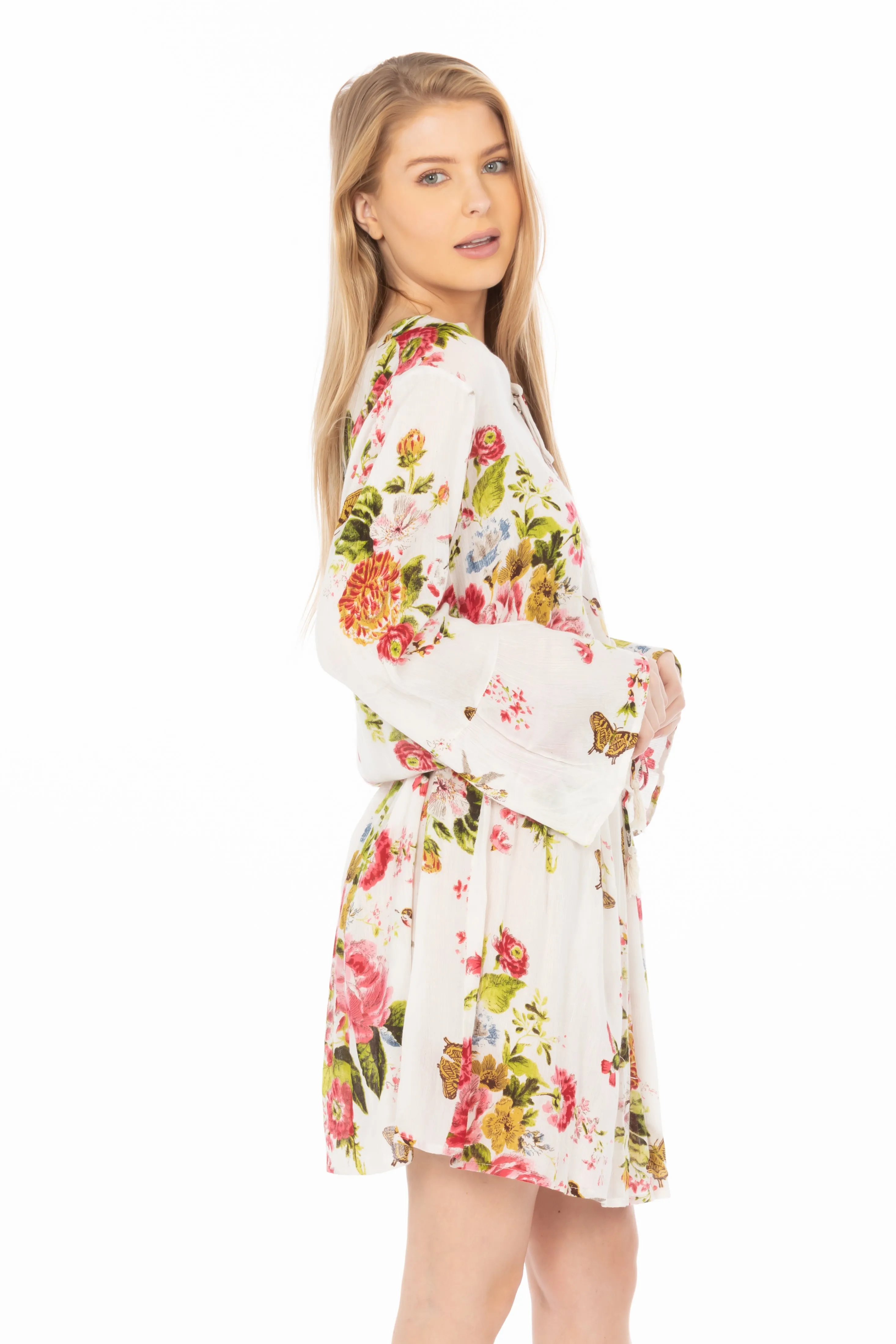 Short Floral Bohemian Dress with Drawstrings