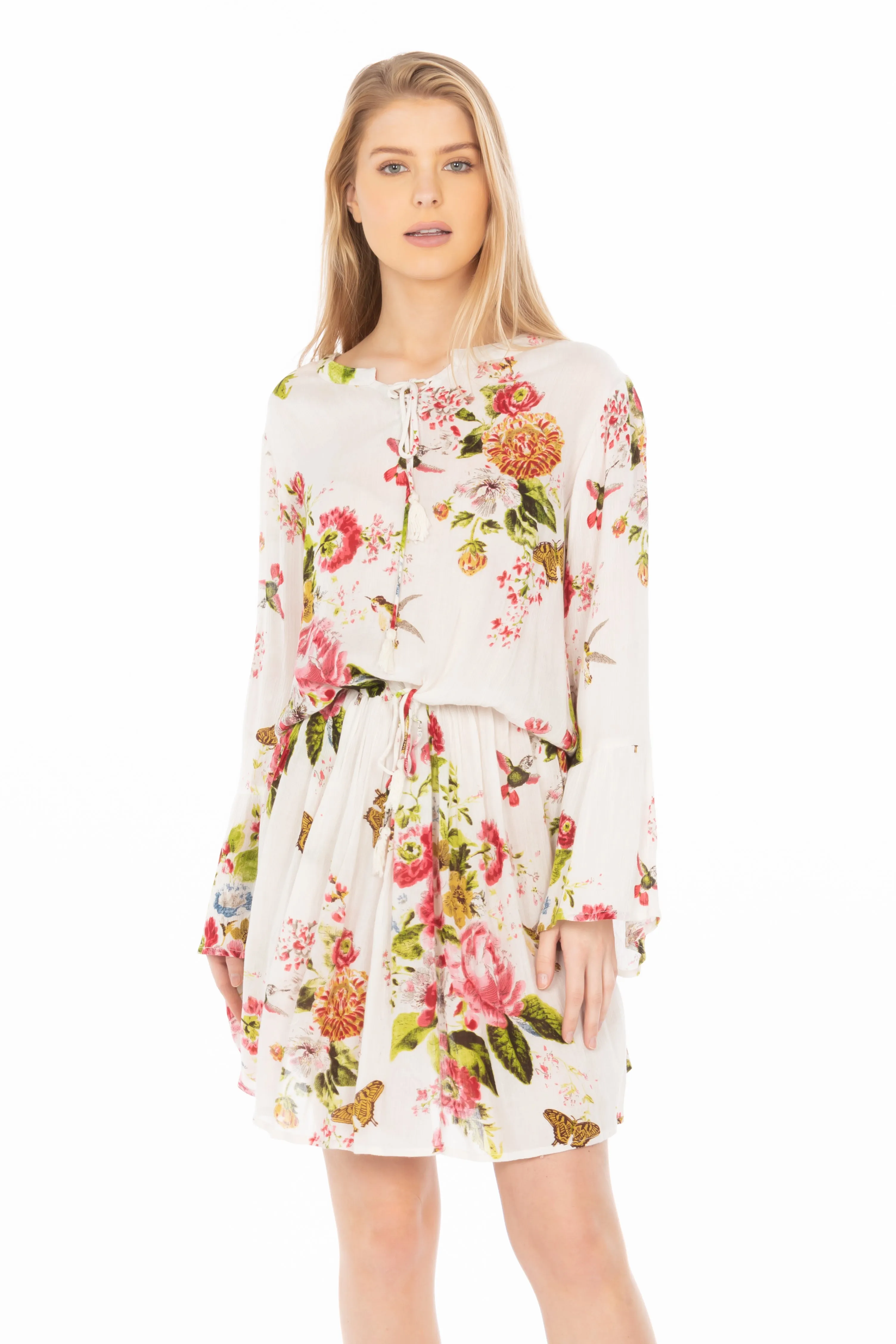 Short Floral Bohemian Dress with Drawstrings