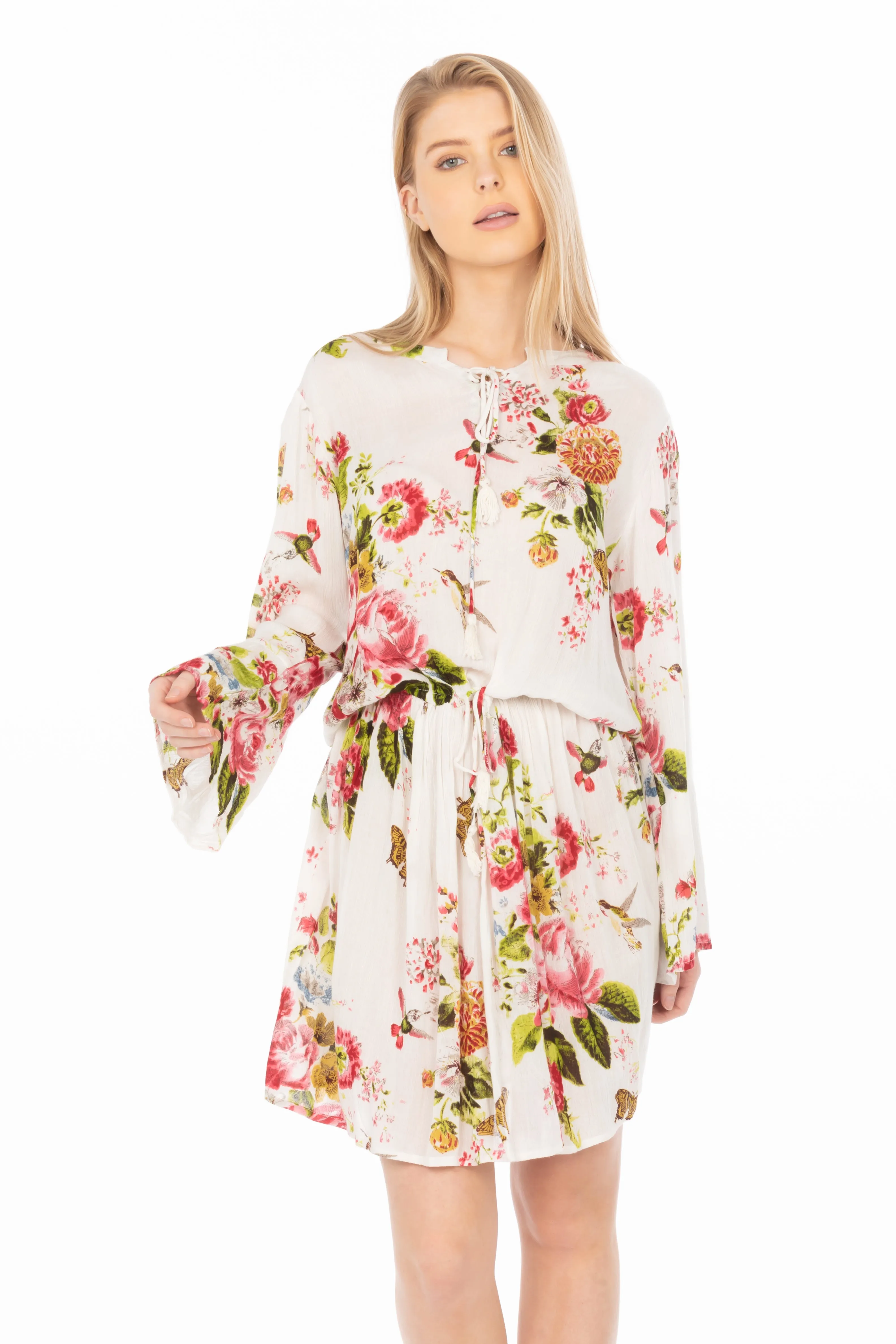 Short Floral Bohemian Dress with Drawstrings