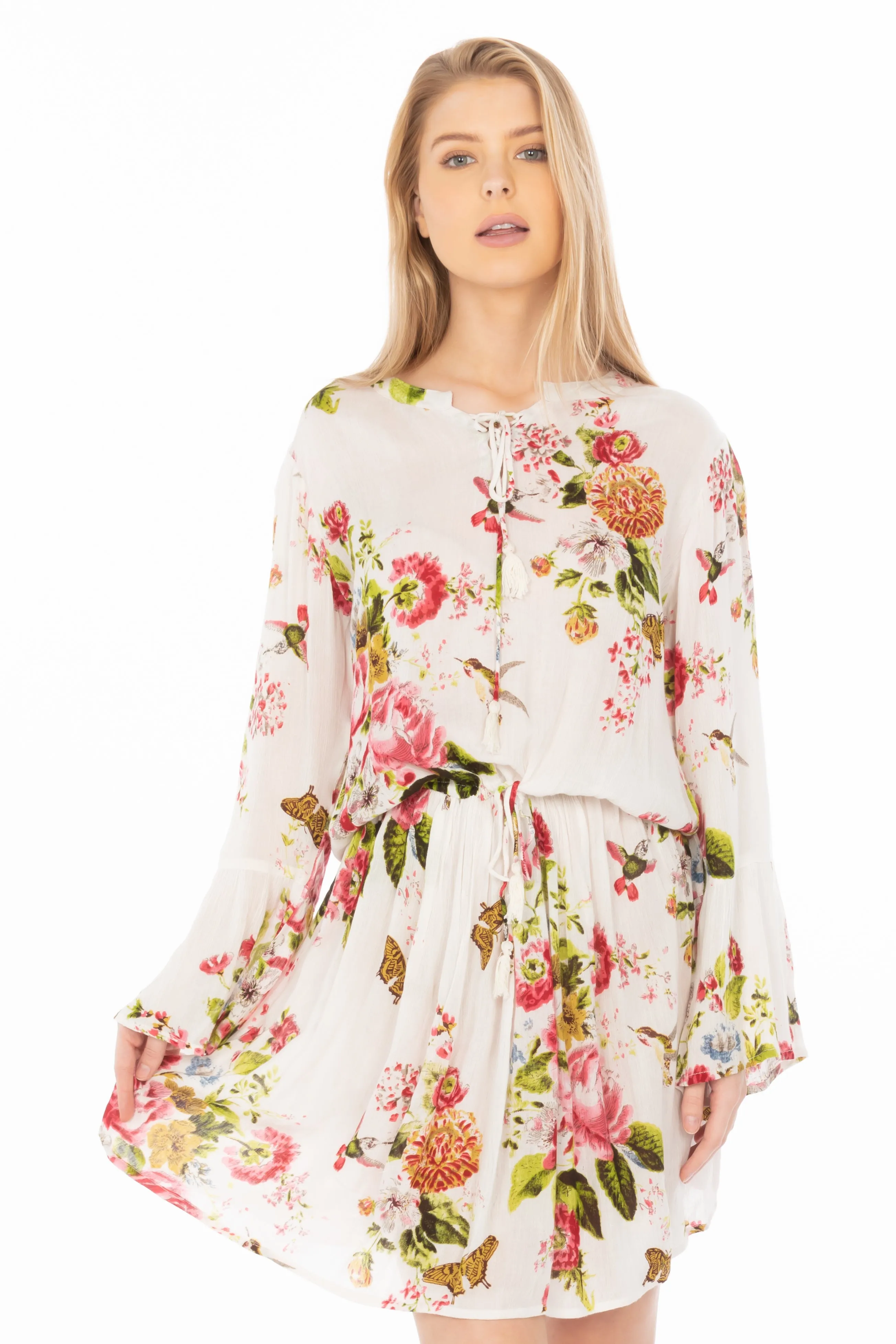 Short Floral Bohemian Dress with Drawstrings