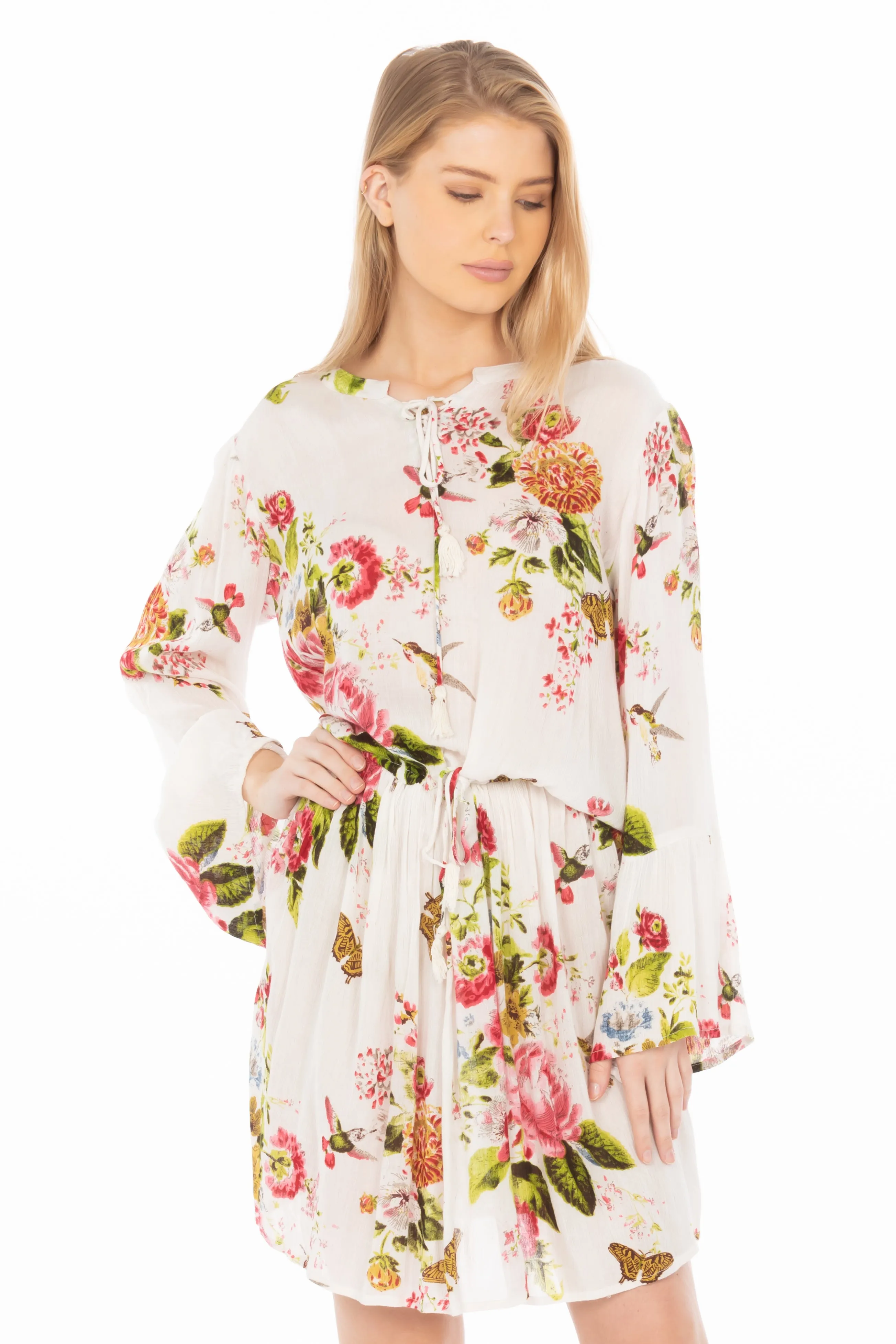 Short Floral Bohemian Dress with Drawstrings