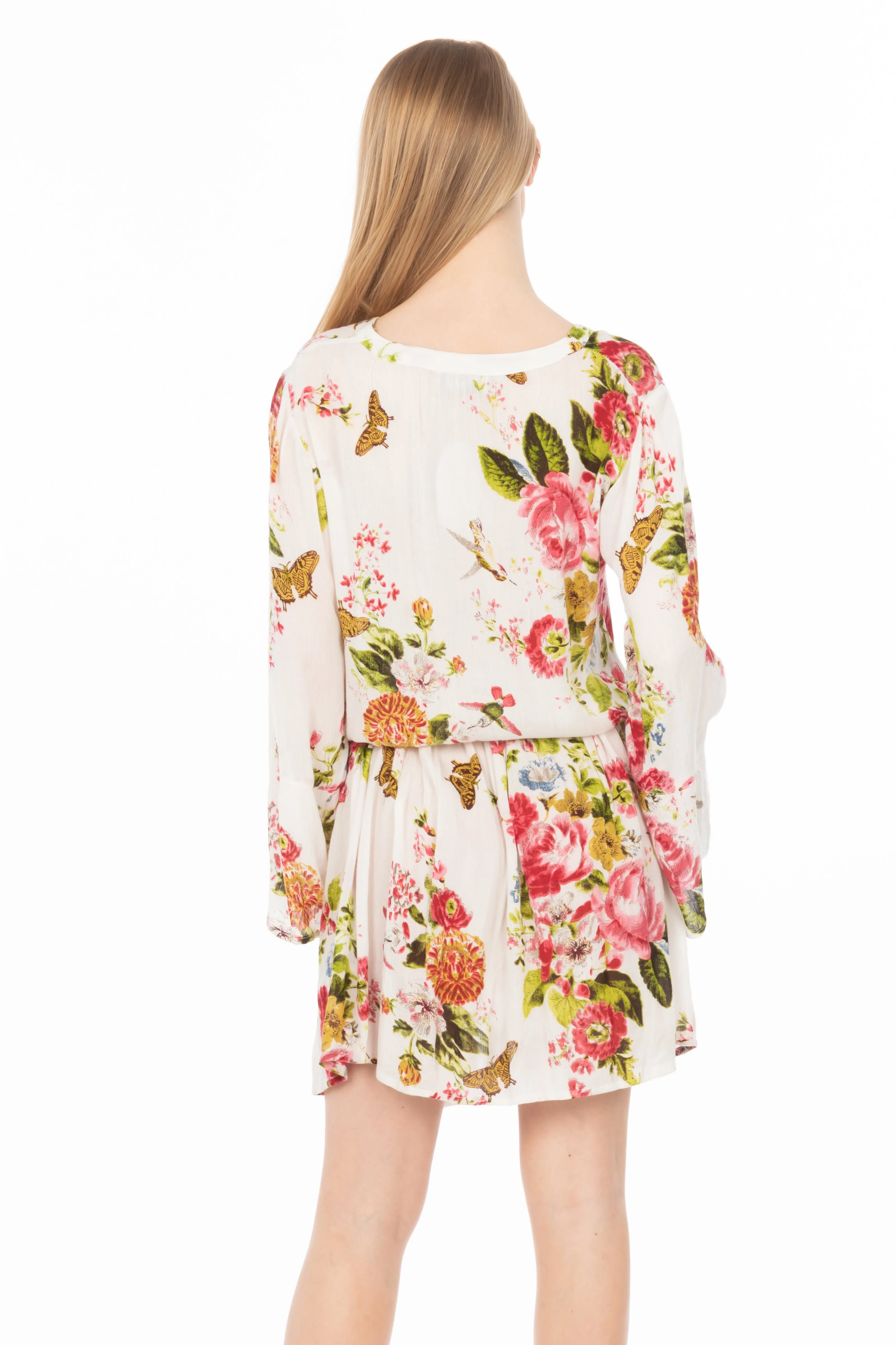 Short Floral Bohemian Dress with Drawstrings