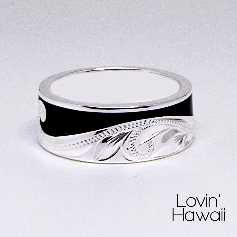 Sterling Silver Handmade Ocean Wave Ring with Black Enamel, ( 8MM Width, Flat Style)