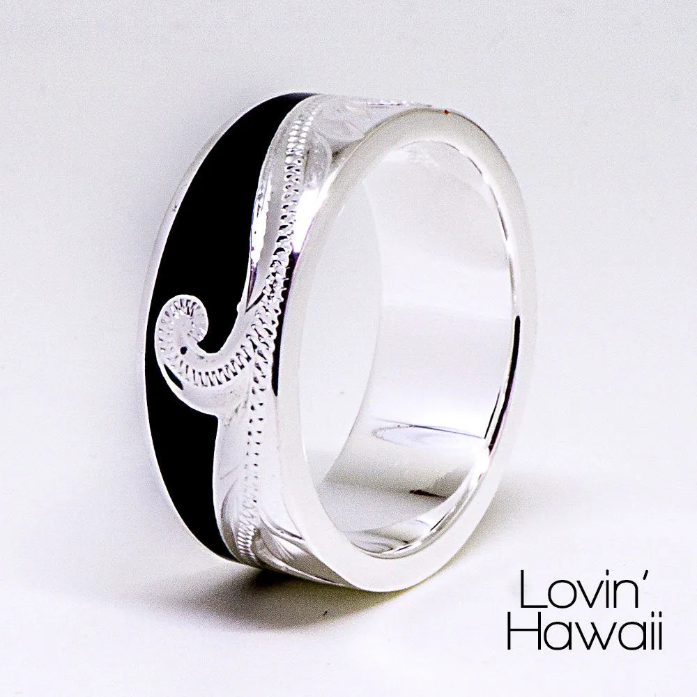 Sterling Silver Handmade Ocean Wave Ring with Black Enamel, ( 8MM Width, Flat Style)