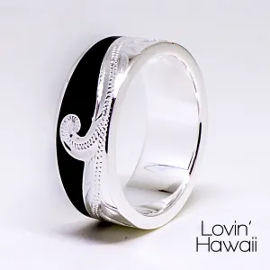 Sterling Silver Handmade Ocean Wave Ring with Black Enamel, ( 8MM Width, Flat Style)