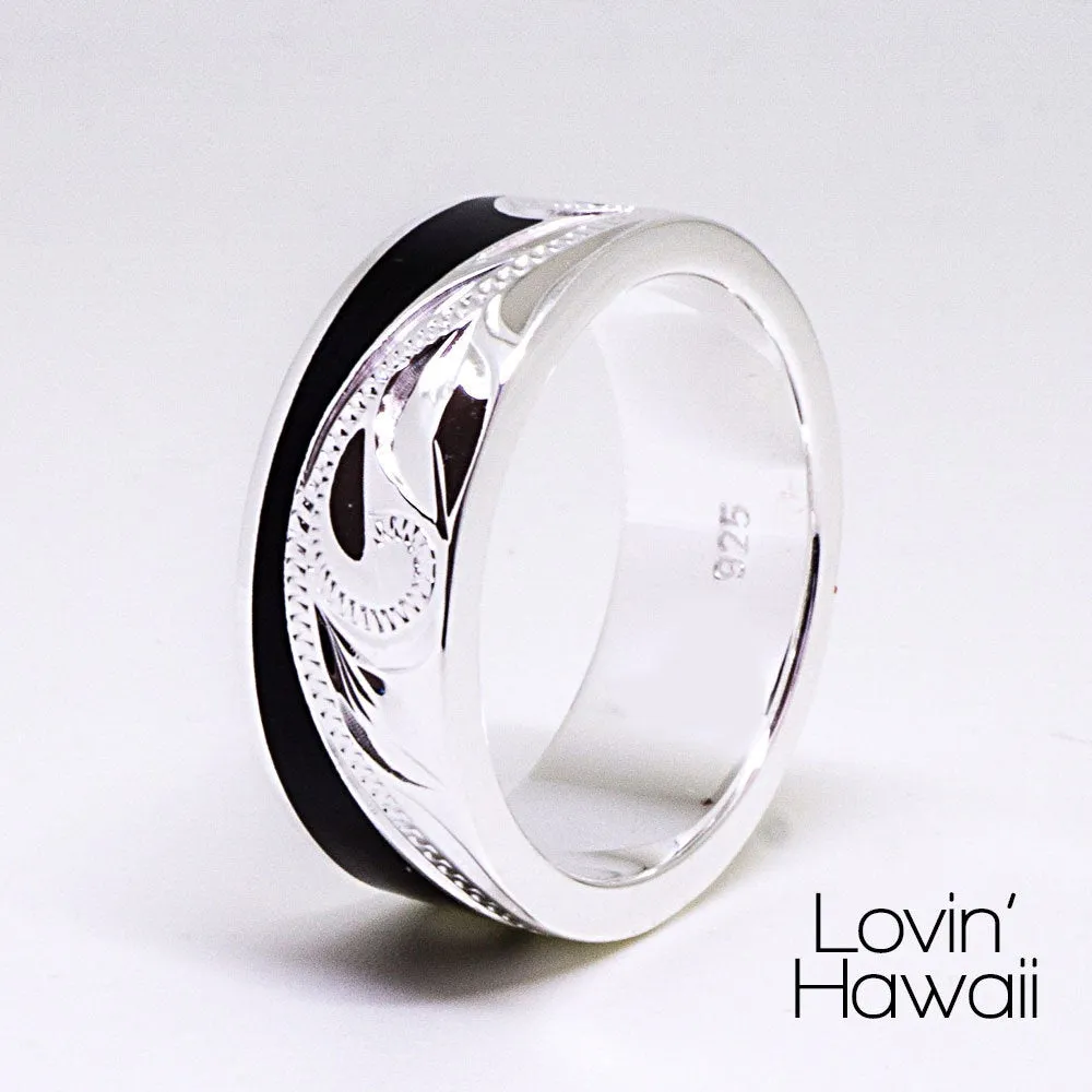 Sterling Silver Handmade Ocean Wave Ring with Black Enamel, ( 8MM Width, Flat Style)